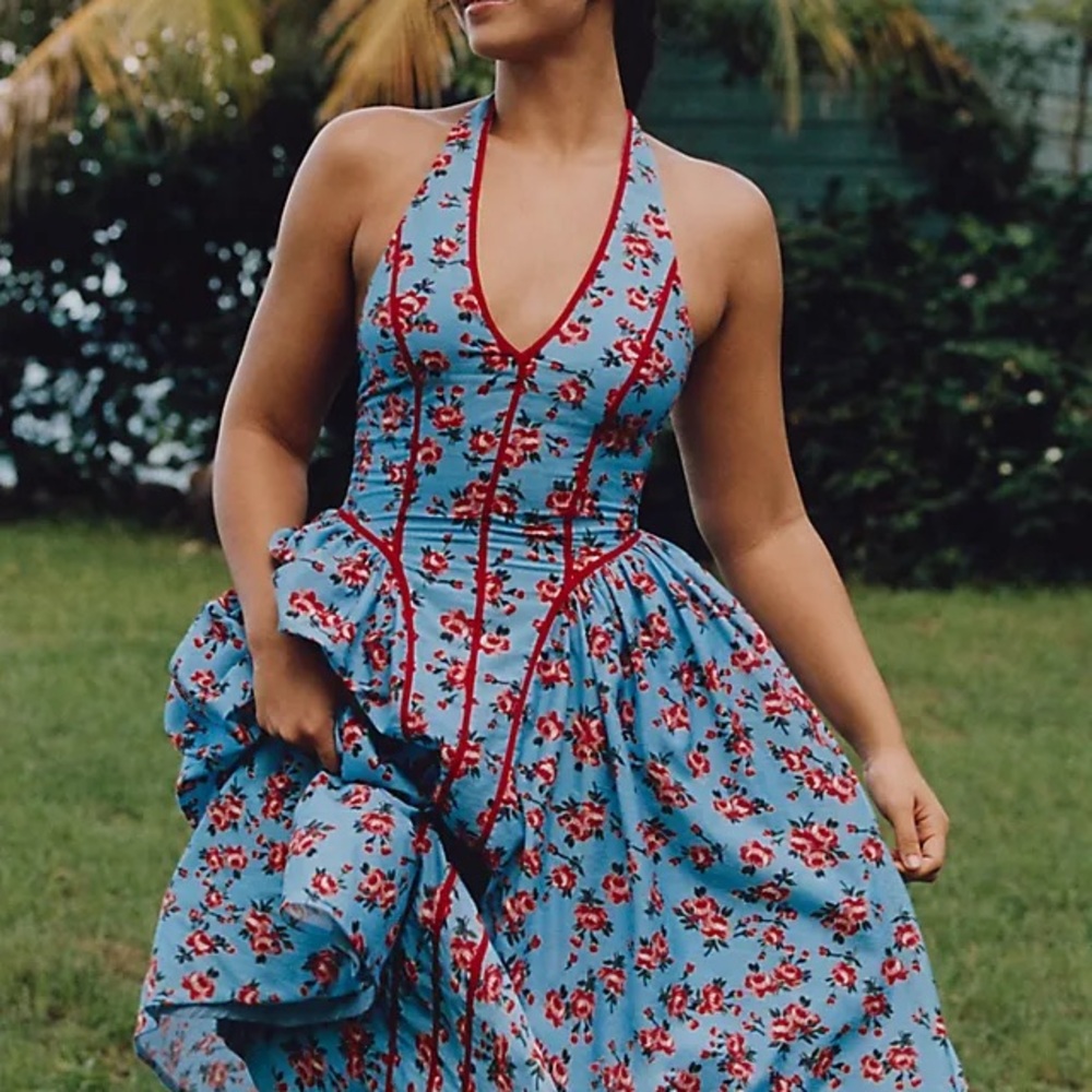 Anthropologie Blue and Red Floral Midi Dress